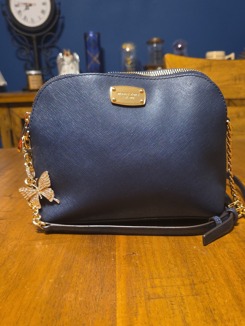 Michael Michael Kors Navy Saffiano Done Crossbody Bag With Butterfly Charm